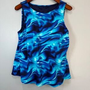 Lands End Blue Abstract Marble Swirl Tankini Swim Top Womens 20W Built In Bra